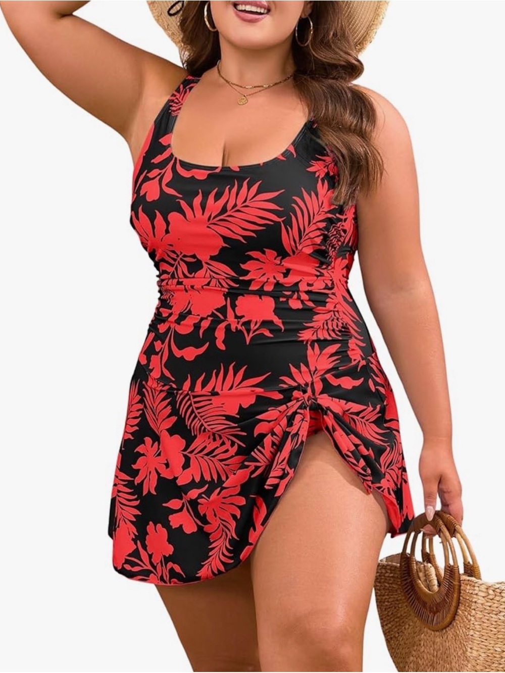 Plus Size Black and Coral Swim Dress with Tropical Print